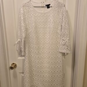 Dana Buchman White Crochet A-Line Midi Dress with Tie Sleeves